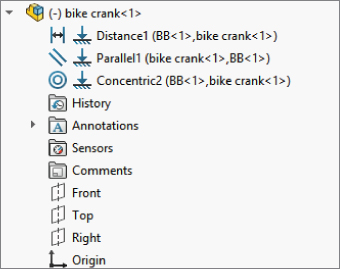 Part of the FeatureManager displaying the mates without part features, namely, Distance1 (BB<1>,bike crank<1>), Parallel1 (bike crank<1>,BB<1>), and Concentric2 (BB<1>,bike crank<1>).