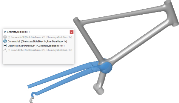 The View Mates window displaying the mates for selected components and 3D structure of a bicycle frame.