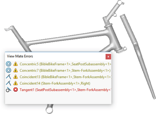 View Mate Errors window displaying mates with error or warning flags; and 3D structure of a bicycle frame and fork.