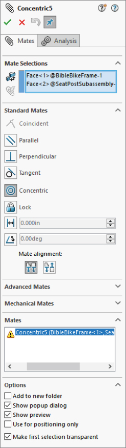 Concentric 5 dialog box displaying Face<1>@BibleBikeFrame–1 and Face<2>@SeatPostSubassembly– in the Mate Selections panel and warning triangle in concentric5 (BibleBikeFrame<1>,Sea… in the Mates panel.