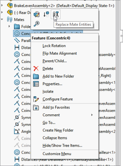 FeatureManager displaying a highlighted mate with Feature (Concentric4) menu and a mouse pointer on the Replace Mate Entities button.