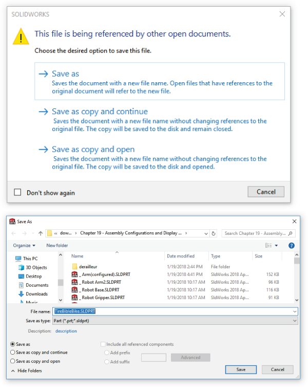 SOLIDWORKS dialog box displaying Save as, Save as copy and continue, and Save as copy and open options (top) and Save As dialog box with TireBibleBike.SLDPRT in the File Name field (bottom).