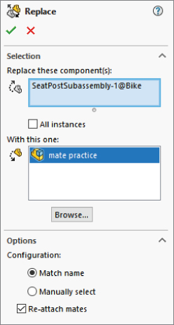 PropertyManager for the Replace command displaying the SeatPostSubassembly–1@Bike in the Replace these component(s) field and mate practice in the With this one field.