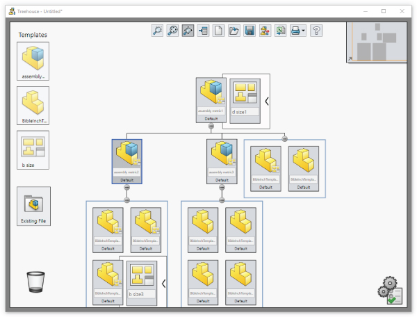 Treehouse window displaying a product assembly structure, with assembly, BibleInchT…, b size, and Existing File templates at the left.