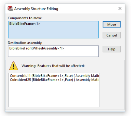 Assembly Structure Editing dialog box displaying Concentric11 (BibleBikeFrame<1>,Face) (Assembly Mati… and Coincident25(BibleBikeFrame<1>,Face(Assembly Mati… in the Warning box. 