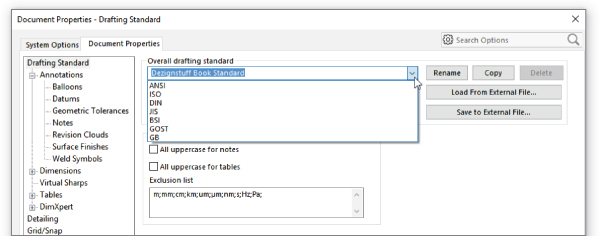 Document Properties – Drafting Standard displaying the navigation tree on the left and the highlighted Dezignstuff Book Standard option in the Overall drafting standard drop–down list on the right.