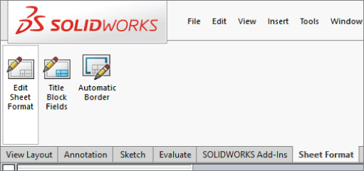 Sheet Format Command Manager displaying three new tools: Edit Sheet Format, Title Block Fields, and Automatic Border.