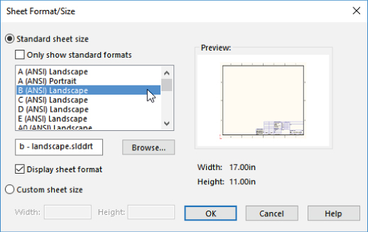 Sheet Format/Size dialog box with selected option button for standard sheet size and check box for display sheet format and a highlighted text, B (ANSI) Landscape. At the right is a preview. OK button is selected.