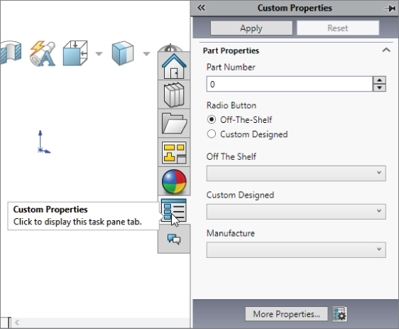 An interface with an arrowhead pointed to custom properties icon displaying custom properties tab with selected apply button and option button for off–the–shelf.