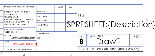 Title block with labels $PRPSHEET:{Description} and B for size, Draw2 for DWG. NO.