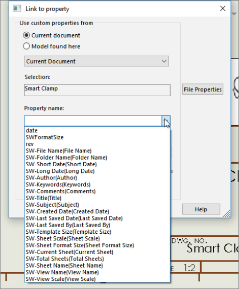 Link to Property dialog box with selected option button for current document, a drop–down list labeled current document, a text box labeled smart clamp for selection, and an expanded drop–down list for property name.