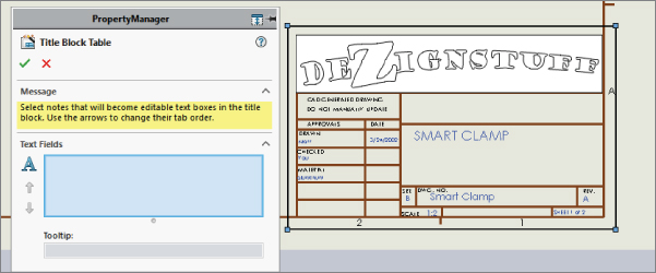 Title Block table interface displaying empty text boxes for text fields and tooltip. At the right is a title block with a resizable border.