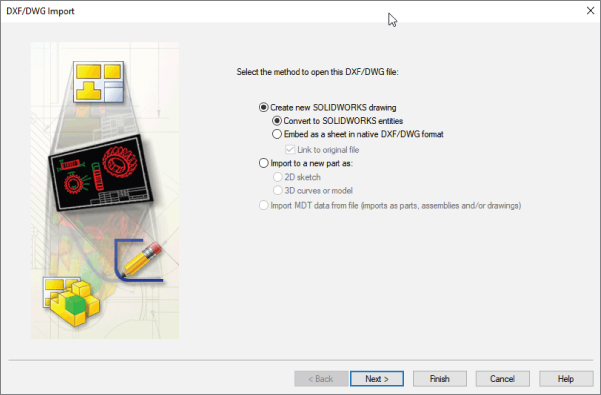 DXF/DWG Import screen displaying selected option buttons for create new SOLIDWORKS drawing and convert to SOLIDWORKS entities. Below are back, next, finish, cancel, and help buttons.