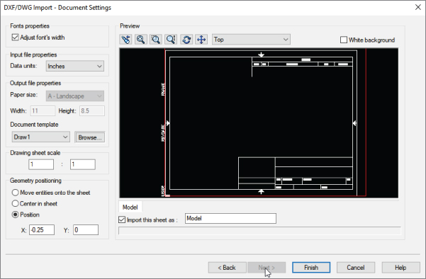 Document Settings dialog box with selected adjust font's width check box under fonts property and position option button under geometry positioning. At the right is a preview pane with a drawing template.