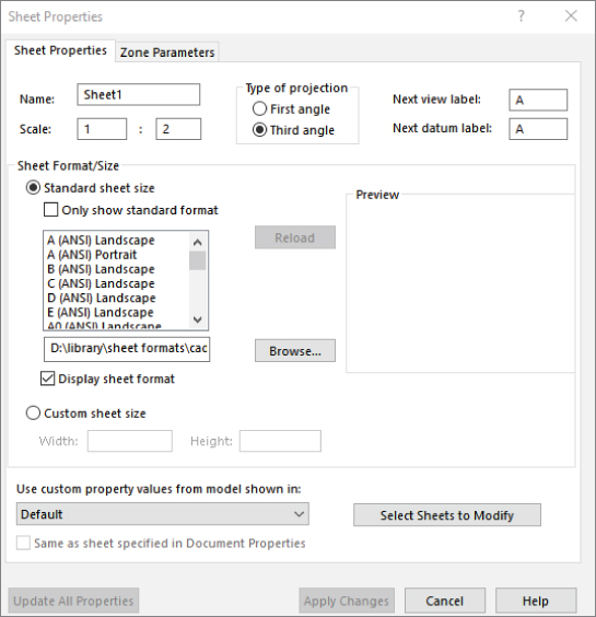 Sheet Properties dialog box with name box labeled Sheet1, text boxes labeled 1 and 2 for scale, selected option buttons for third angle and standard sheet size, and selected check box for display sheet format.