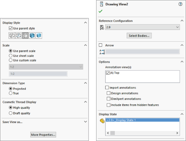 Drawing View PropertyManager interface displaying reference configuration, arrow, options, display state, display style, scale, dimension type, and cosmetic thread display panels (top–bottom).