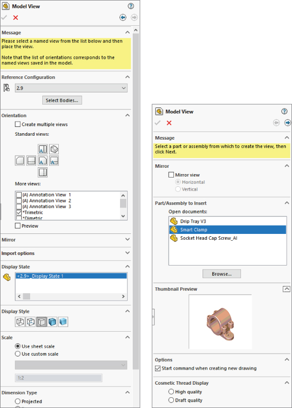 Model view window displaying different standard views and selected ^Trimetric view and use sheet scale option button. At the right is another model view window displaying an illustration in the thumbnail preview.