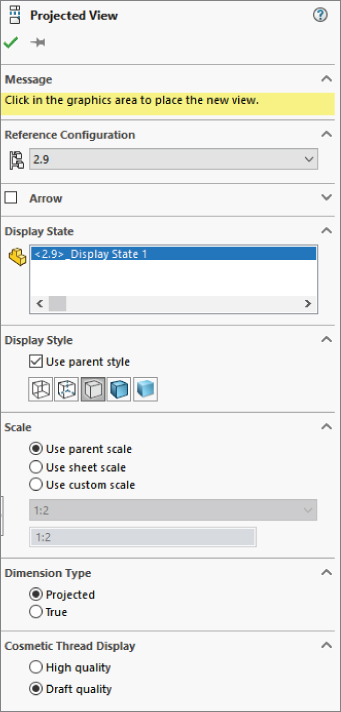 Project view window displaying display state text box labeled <2.9>_Display State 1, selected use parent style check box, and selected use parent scale, projected, and draft quality option buttons.