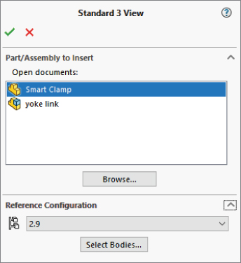 Standard view window displaying a highlighted text Smart Clamp in open document text box. Below the textbox is browse button. Below the button is reference configuration drop–down list labeled 2.9.