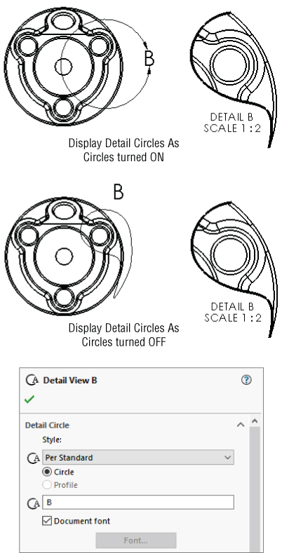 Drawing depicting a closed loop drawn with the Display Detail Circle as Circles turned ON (top) and as Circles turned OFF (bottom). Below the drawings is Detail View B window with selected Circle option button.