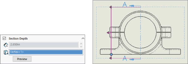 Section depth panel with option bar labeled 2.650in and text box labeled Vertex<1>, with preview button below. At the right is a drawing of a flange.