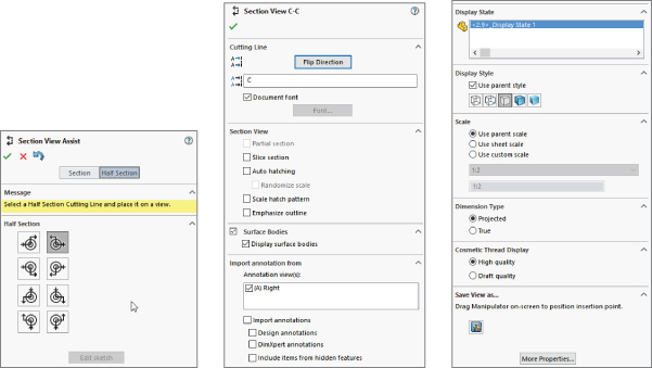 Section View Assist interface displaying different icons under half section tab. At the right is Section View C–C interface with selected flip direction button, use parent scale and high quality option buttons, etc.