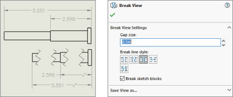 Drawing displaying the full view and segmented view of a horizontal bar. At the right is Break View interface with gap size option bar labeled 0.5in and selected break sketch blocks check box.