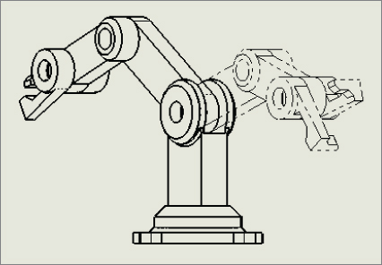 Drawing displaying a robotic arm with an alternate position view depicted by dashed lines.