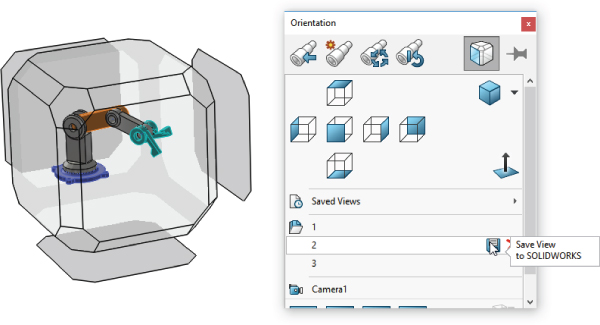 Drawing displaying a robotic arm inside a cube with hexagonal vertices. At the right is orientation panel with arrowhead on the diskette icon.