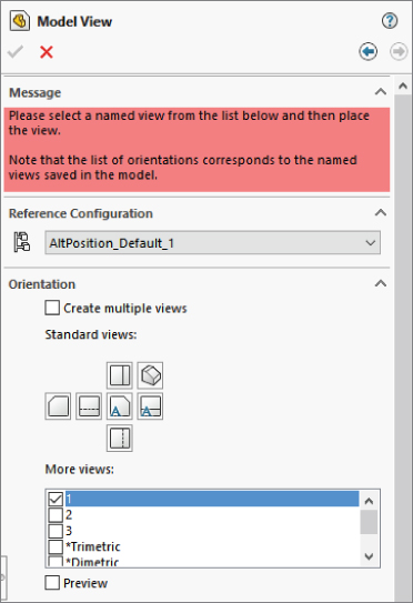 Model view dialog box displaying reference configuration drop–down list labeled AltPosition_Default_1 and selected check box for 1 under more views.