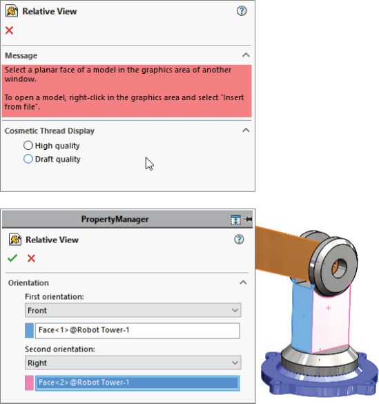 Relative View PropertyManager interfaces with option buttons under cosmetic thread display (top) and first and second orientation text boxes labeled front and right, respectively (bottom).