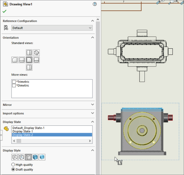 Drawing View 1 interface with display state option bar labeled display state–2 and selected draft quality option button. At the right are full and cross–sectioned views of a drawing.