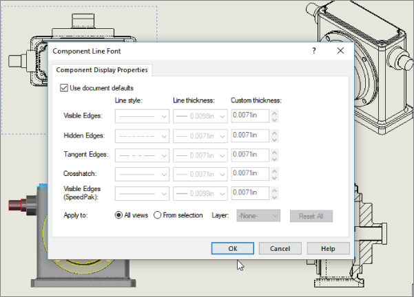 Component Line Font dialog box with selected use document defaults check box and visible edges, hidden edges, tangent edges, crosshatch drop–down lists, and selected all views option button. Ok button is selected.