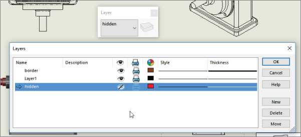 Layers dialog box with highlighted text, hidden under name. At the right portion are ok, cancel, help, new, delete, and move command button. Ok button is selected.