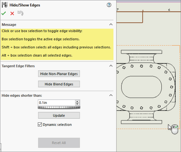 Hide/Show Edges PropertyManager dialog box with tangent edge filters text boxes labeled hide non–planar edges and hide blend edges and selected dynamic selection check box.