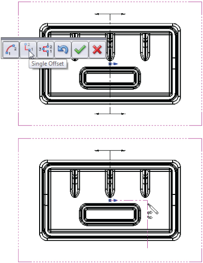 Drawing displaying a rounded rectangular tube with 3 vertical tubes and a smaller rectangular tube inside, with jogged section view. Arrowhead is pointing to single offset button from a pop–up tool bar.