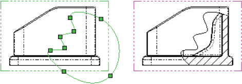 Drawings displaying 5 –sided polygon with an irregular line connecting the square markers (left) and another 5–sided polygon with broken–out section view (right).