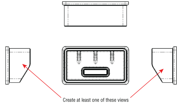 Drawings displaying a rounded rectangular tube with 3 vertical tubes and a smaller rounded rectangular tube inside, with different views of the tube.