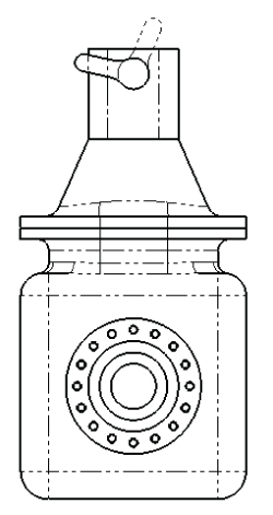 Drawing displaying a part of a robotic arm with dashed lines depicting an alternate position view.