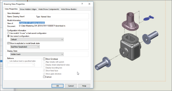 Drawing View Properties dialog box with selected use named configuration option button and show in exploded or model break state check box. At the right is a 3D view of a part of a robotic arm.