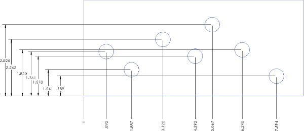 Ordinate and baseline dimensions depicted by vertical two–headed arrows (different sizes) between horizontal lines. The horizontal lines are connected to vertical lines, with circles at the intersections.