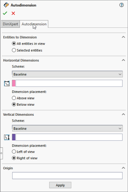 Autodimension PropertyManager interface with selected option buttons for all entitles in view, below view, and right of view. Scheme drop–down lists under horizontal and vertical dimensions are labeled baseline.