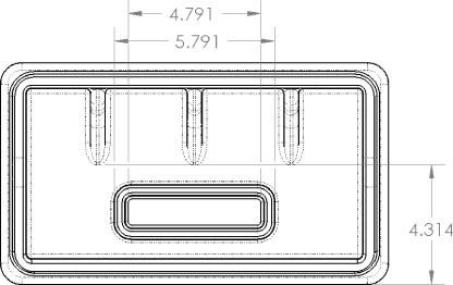 Drawing displaying a rounded rectangle containing a smaller rounded rectangle situated at the bottom has witness lines broken by other dimension lines. Two–headed arrows are labeled 4.791, 5.791, and 4.314.