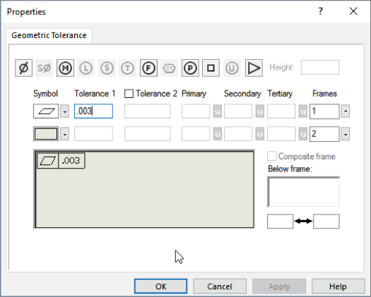 Geometric Tolerance dialog box with drop–down lists for symbol, primary, secondary, tertiary, and frames, and tolerance 1 and tolerance 2 text boxes. Below is a box with a parallelogram and .003 (tolerance 1).