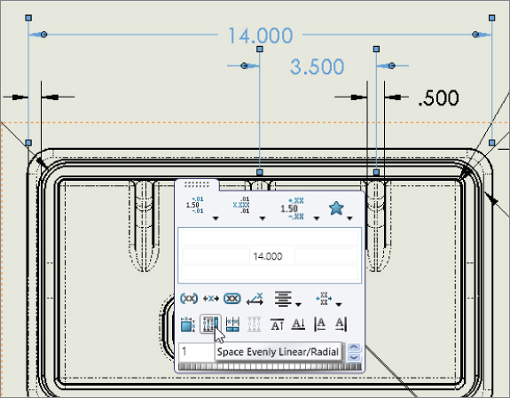 Dimension palette with arrowhead pointing to one of the alignment options. At the background is a drawing template displaying rounded rectangle.