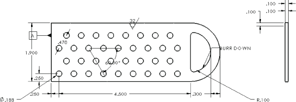 Drawing displaying a flat cheese grater with dimensional arrows labeled 1.900, .250, Ø.188, 4.500, .478, .300, R.100, and an angle of 60°. At the right are vertical and horizontal lines with inward arrows labeled .100.