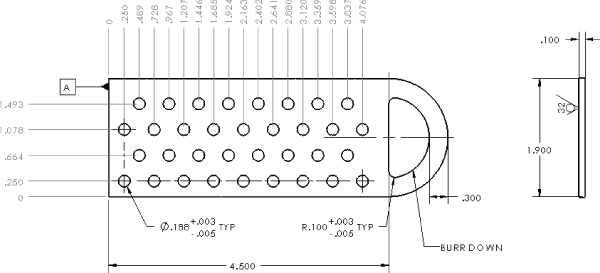 Drawing displaying a flat cheese grater with holes having lines labeled 1.493, 1.078, .664, .250, 0, .489, .726, 1.207, 1.446, 1.924, etc. The width of the body of the grater is 4.500 and the width of the handle is .300.