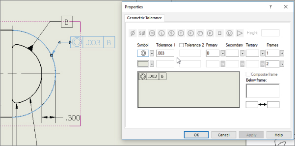 Geometric tolerance dialog box displaying 3 concentric circles in symbol drop–down list, B in primary drop–down list, and 1 in frames drop–down list. Below is a text box containing the figure inside the lists.