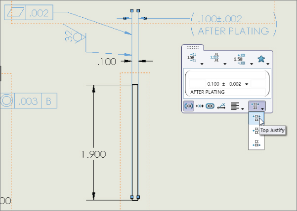 Dimension palette with selected top justify option under the expanded alignment option. At the background are drawings in the drawing template.