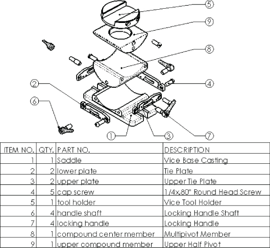 Diagram of an object with lines marking its parts from 1 to 9. Below is a table with 9 rows and 4 columns for item number, quantity, part number, and description (left–right).